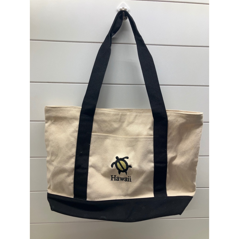 Hawaii Sea Turtle Embroidered Canvas Tote Bag Cream Black‎ Zipper Beach Travel